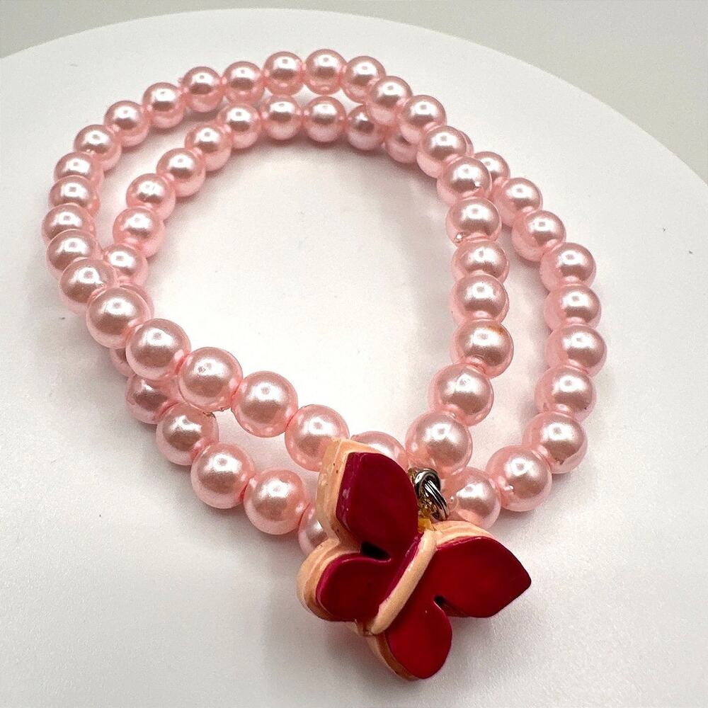 Vintage Y2K Pink Faux Pearl Double Strand Bracelet Butterfly Charm Boho Jewelry